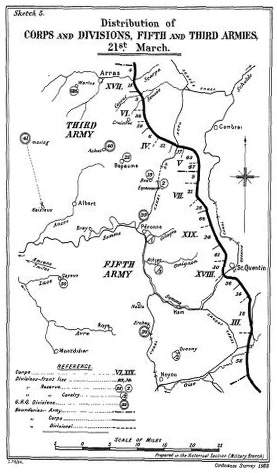 Distribution of Corps and Divisions, Fifth and Third Armies, 21st March 1918