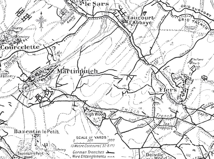 Map showing Bazentin le Petit, High Wood and Switch Line Trench
