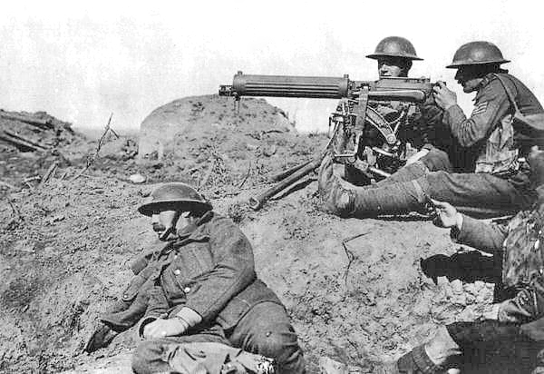 A Vickers machine gun in action on the Western Front
