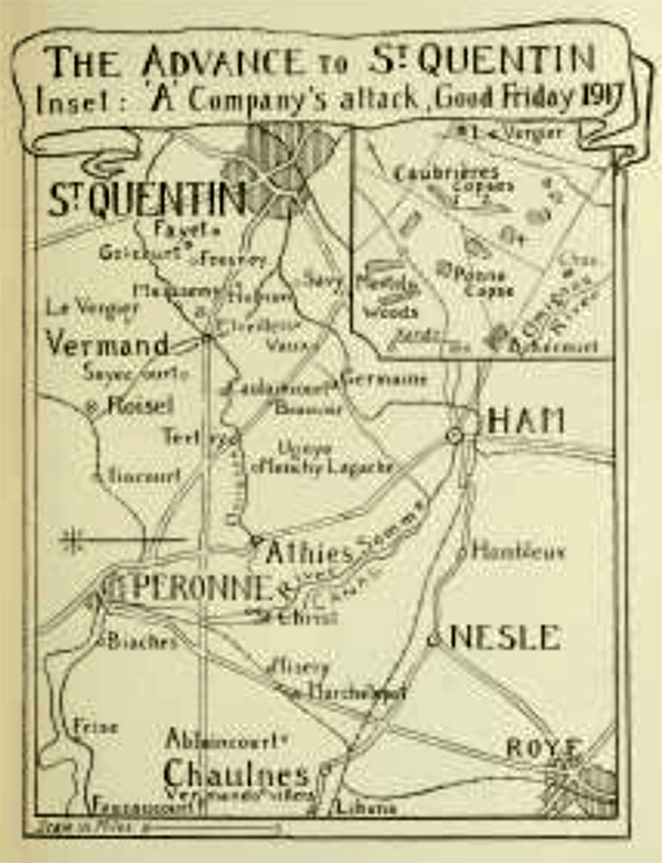 Map showing Advance to St Quentin by Captain G K Rose, MC, of the 2/4th