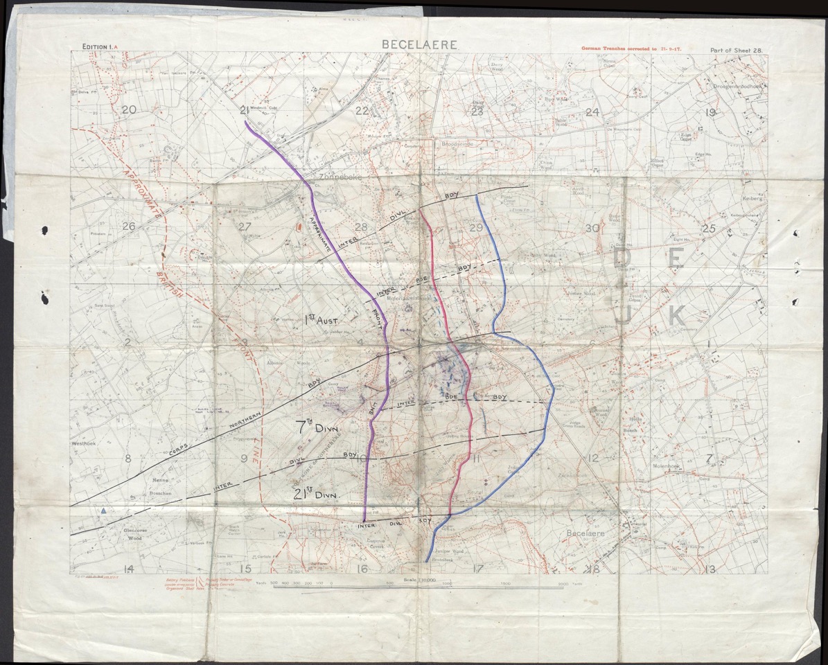 Map showing area of 8th Devons’ attack, including Red Line and Blue Line positions