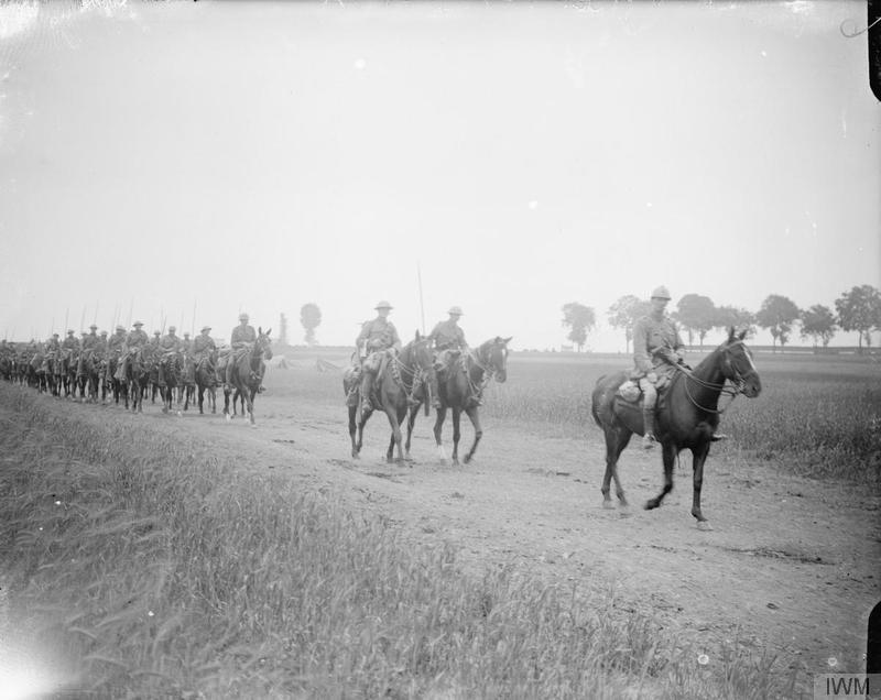 British Army Lancers, unidentified but possibly the 9<sup>th</sup> Lancers, on the move off the Albert-Amiens road, July 1916