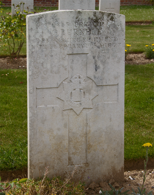George Burnell grave at Dartmoor Cemetery Becordel-Becourt