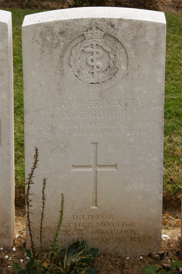 Alfred Criddle gravestone in Grove Town Cemetery near Méaulte, France