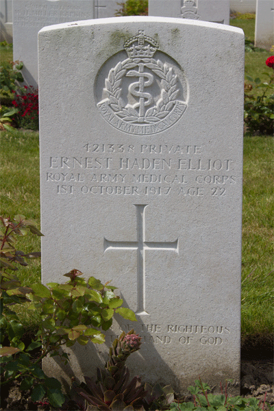 Ernest Haden Elliot headstone at Dozinghem Military Cemetery