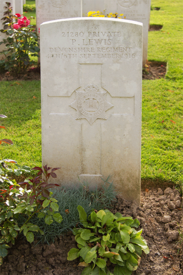 Percy Lewis gravestone at Delville Wood Cemetery