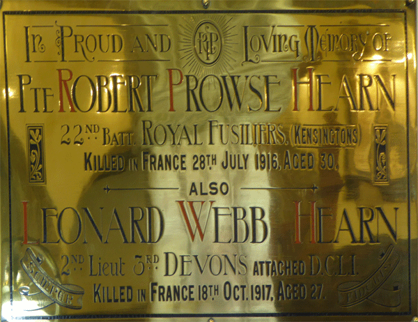 Memorial tablet for Robert and Leonard Hearn on the north wall of St Saviours