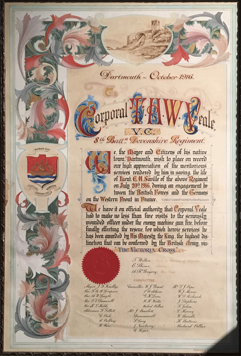 Illuminated address presented to Theodore Veale, and replica VC, on display at Dartmouth Museum